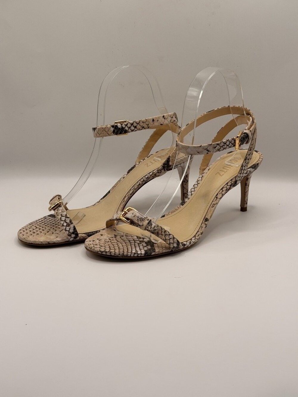 Schutz Women's Aurora Beige Latte Strap Snake Mid Stiletto Heels Sz 8.5 B